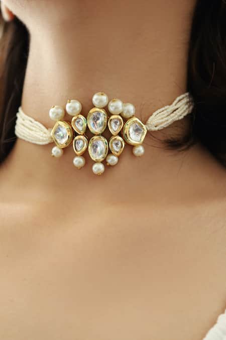 Do Taara Gold Plated Kundan Pearl Multi-chain Choker Online at Aza Fashions Do Taara_Gold Plated Kundan Pearl Multi-chain Choker _Online_at_Aza_Fashions
