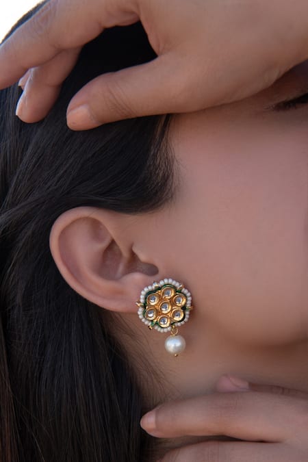 Do Taara Gold Plated Pearls, Gota Patti Kundan And Shell Embellished Floral Earrings Online at Aza Fashions Do Taara_Gold Plated Pearls, Gota Patti Kundan And Shell Embellished Floral Earrings _Online_at_Aza_Fashions