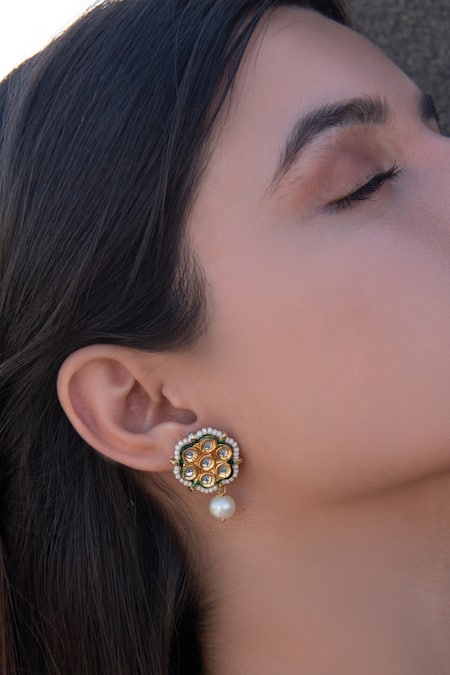 Buy Do Taara Gold Plated Pearls, Gota Patti Kundan And Shell Embellished Floral Earrings Online at Aza Fashions Buy_Do Taara_Gold Plated Pearls, Gota Patti Kundan And Shell Embellished Floral Earrings _Online_at_Aza_Fashions