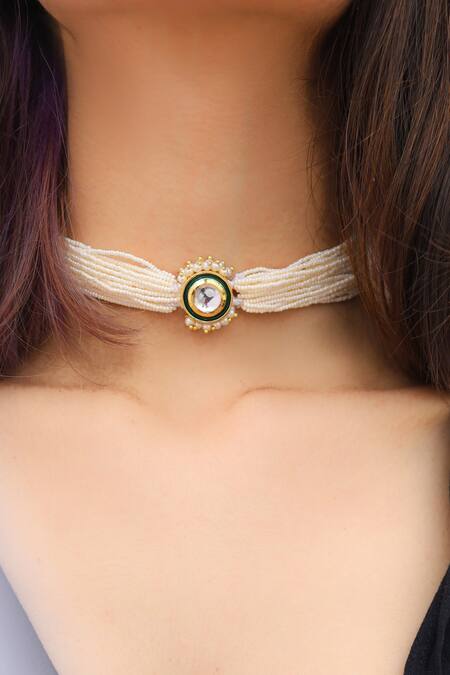 Do Taara_Green Kundan Pearl Multi Choker _Online_at_Aza_Fashions