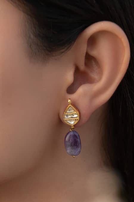 Do Taara_Purple Stones, Diamonds Leaflet Drop Earrings _Online_at_Aza_Fashions