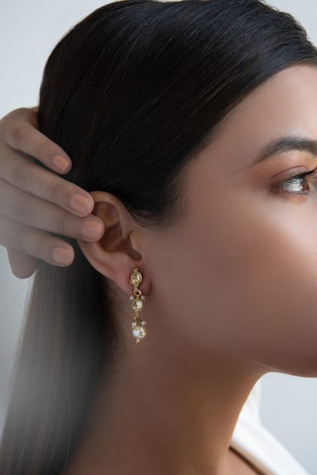 Shop Do Taara Gold Plated Pearls Kundan And Embellished Tear Danglers at Aza Fashions Shop_Do Taara_Gold Plated Pearls Kundan And Embellished Tear Danglers _at_Aza_Fashions