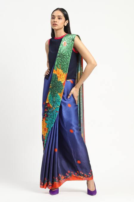 Shop Satya Paul Blue Silk, Georgette, Garden Graffiti Printed Saree With Unstitched Blouse Piece Shop_Satya Paul_Blue Silk, Georgette, Garden Graffiti Printed Saree With Unstitched Blouse Piece