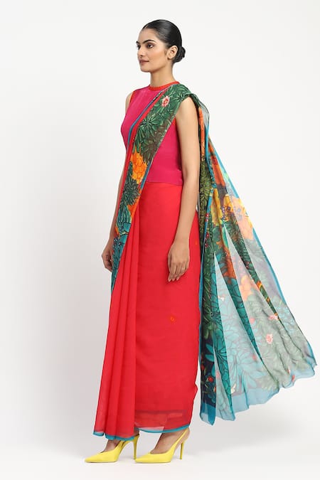 Satya Paul Garden Graffiti Print Saree With Unstitched Blouse Piece 