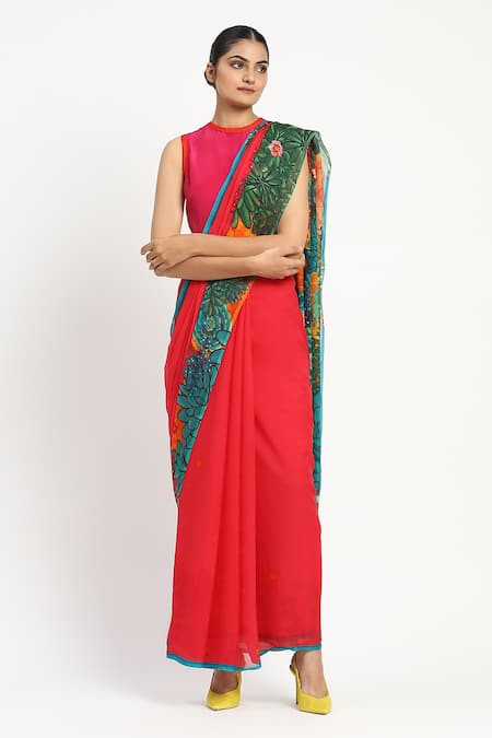 Buy Satya Paul Pink Silk, Chiffon Garden Graffiti Print Saree With Unstitched Blouse Piece Buy_Satya Paul_Pink Silk, Chiffon Garden Graffiti Print Saree With Unstitched Blouse Piece