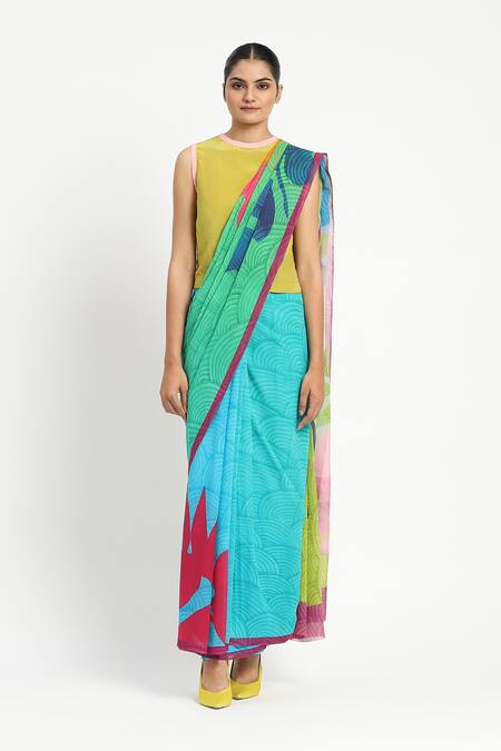 Shop_Satya Paul_Blue Silk, Georgette New Day Printed Saree With Unstitched Blouse Piece _Online_at_Aza_Fashions