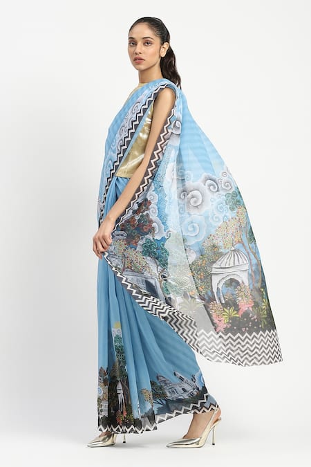 Satya Paul City Graffiti Print Saree With Unstitched Blouse Piece 