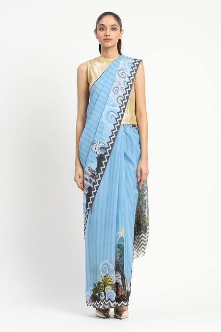 Satya Paul_Blue Silk, Chiffon City Graffiti Print Saree With Unstitched Blouse Piece _at_Aza_Fashions