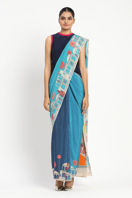 Satya Paul_Blue Silk, Crepe City Graffiti Pattern Saree With Unstitched Blouse Piece _Online_at_Aza_Fashions