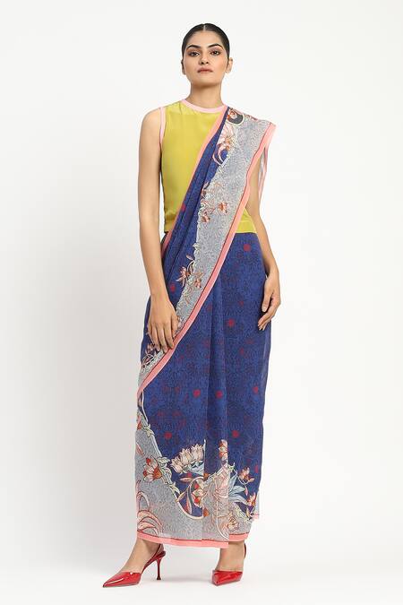 Satya Paul_Blue Silk, Georgette Mulholland Drive Printed Saree With Unstitched Blouse Piece _Online_at_Aza_Fashions