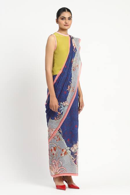 Shop_Satya Paul_Blue Silk, Georgette Mulholland Drive Printed Saree With Unstitched Blouse Piece _Online_at_Aza_Fashions