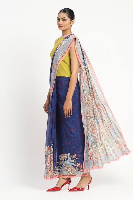 Satya Paul_Blue Silk, Georgette Mulholland Drive Printed Saree With Unstitched Blouse Piece _at_Aza_Fashions