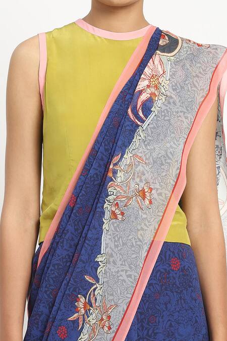 Buy_Satya Paul_Blue Silk, Georgette Mulholland Drive Printed Saree With Unstitched Blouse Piece 