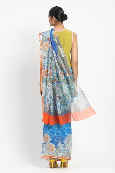 Satya Paul Seafoam Printed Saree With Unstitched Blouse Piece 