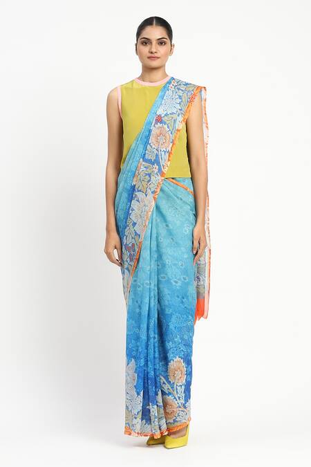 Satya Paul_Blue Silk, Chiffon Seafoam Printed Saree With Unstitched Blouse Piece _Online_at_Aza_Fashions