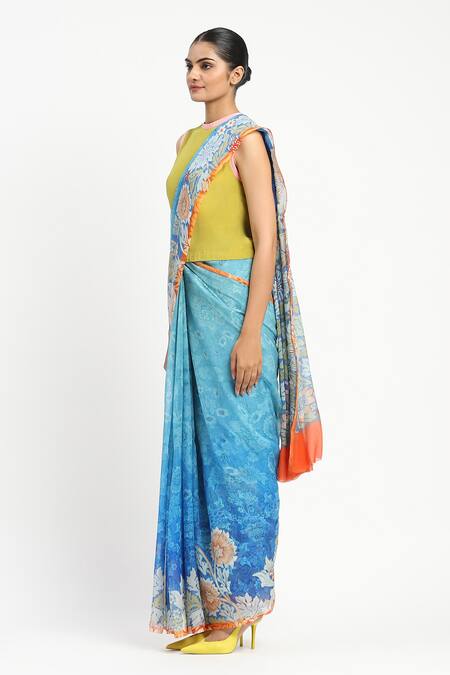 Buy_Satya Paul_Blue Silk, Chiffon Seafoam Printed Saree With Unstitched Blouse Piece _Online_at_Aza_Fashions