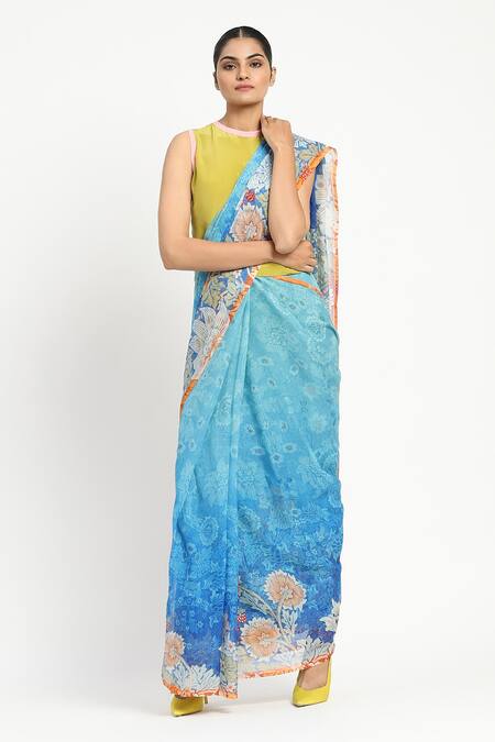 Satya Paul_Blue Silk, Chiffon Seafoam Printed Saree With Unstitched Blouse Piece _at_Aza_Fashions