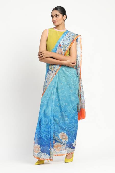 Buy_Satya Paul_Blue Silk, Chiffon Seafoam Printed Saree With Unstitched Blouse Piece 