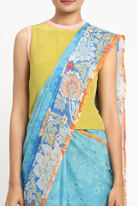 Shop_Satya Paul_Blue Silk, Chiffon Seafoam Printed Saree With Unstitched Blouse Piece 