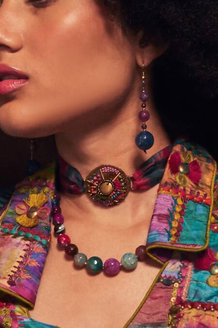Buy_CAPISVIRLEO_Multi Color Maka Bead Circle Embellished Tie Dye Strap Choker _Online_at_Aza_Fashions