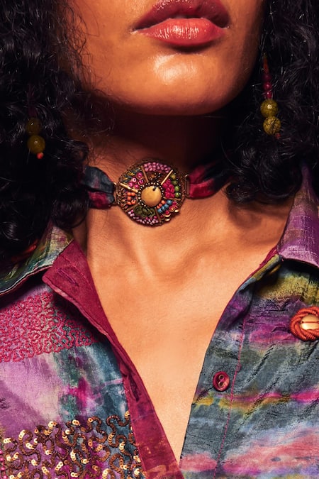 Shop_CAPISVIRLEO_Multi Color Maka Bead Circle Embellished Tie Dye Strap Choker _Online_at_Aza_Fashions