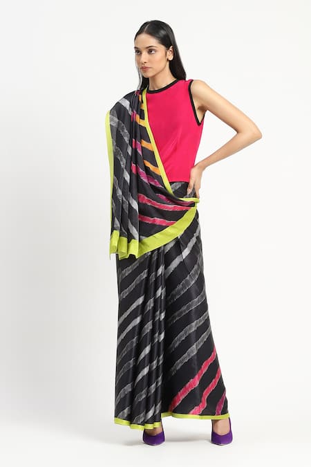 Satya Paul_Blue Silk, Georgette, Satin Across The Hedges Saree With Unstitched Blouse Piece _at_Aza_Fashions