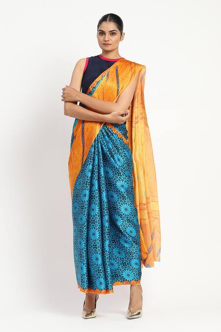 Buy_Satya Paul_Blue Silk, Georgette, Science Of Life Printed Saree With Unstitched Blouse Piece 