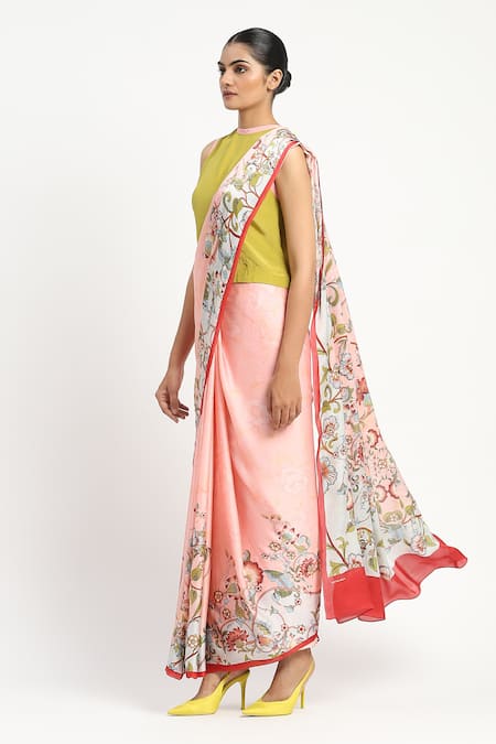 Satya Paul Pink Silk Georgette Satin Print Sweet Ester Saree With Unstitched Blouse Piece 