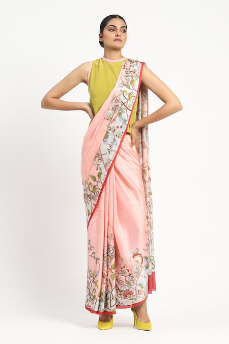 Buy_Satya Paul_Pink Silk, Georgette, Satin Beads Floral Print Saree With Blouse Piece 