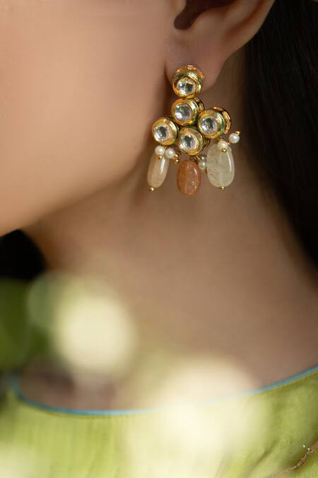 Do Taara Gold Plated Pearls, Stones Clover Blossom Kundan Embellished Earrings Online at Aza Fashions Do Taara_Gold Plated Pearls, Stones Clover Blossom Kundan Embellished Earrings _Online_at_Aza_Fashions
