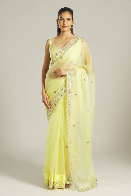 Buy_Samyukta Singhania_Yellow Organza, Silk Mirrors, Embroidery Asymmetric Blouse And Saree Set 