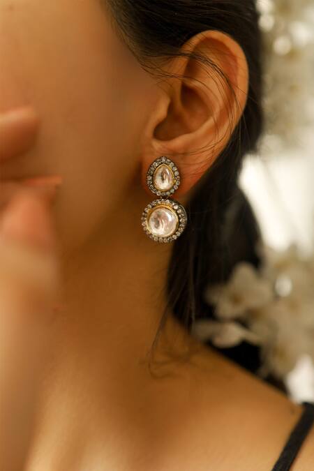 Do Taara_Silver Plated Crystals, Polki And Cubic Zirconia Embellished Drop Earrings _Online_at_Aza_Fashions