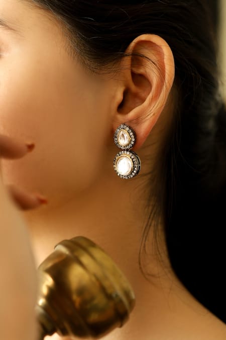 Buy_Do Taara_Silver Plated Crystals, Polki And Cubic Zirconia Embellished Drop Earrings _Online_at_Aza_Fashions