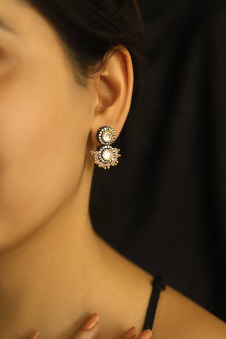 Do Taara Pink Crystals, Diamonds, Stones Polki And Onyx Embellished Dewdrop Earrings Online at Aza Fashions Do Taara_Pink Crystals, Diamonds, Stones Polki And Onyx Embellished Dewdrop Earrings _Online_at_Aza_Fashions
