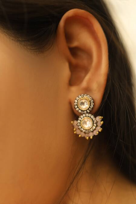 Buy Do Taara Pink Crystals, Diamonds, Stones Polki And Onyx Embellished Dewdrop Earrings Online at Aza Fashions Buy_Do Taara_Pink Crystals, Diamonds, Stones Polki And Onyx Embellished Dewdrop Earrings _Online_at_Aza_Fashions