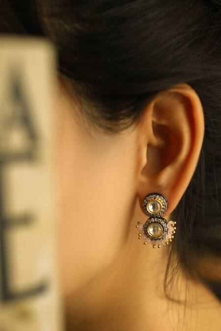 Shop Do Taara Pink Crystals, Diamonds, Stones Polki And Onyx Embellished Dewdrop Earrings Online at Aza Fashions Shop_Do Taara_Pink Crystals, Diamonds, Stones Polki And Onyx Embellished Dewdrop Earrings _Online_at_Aza_Fashions