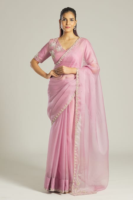 Buy_Samyukta Singhania_Purple Silk, Organza Beads, Zari, Sequins Aari Embroidered Blouse And Saree Set 