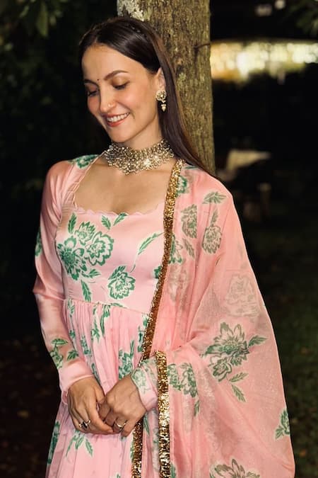 Shop Harshita Singhvi Pink Georgette, Satin, Organza, Bloom Print Gathered Flare Anarkali With Dupatta at Aza Fashions Shop_Harshita Singhvi_Pink Georgette, Satin, Organza, Bloom Print Gathered Flare Anarkali With Dupatta_at_Aza_Fashions