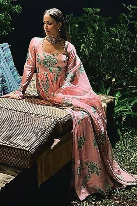 Buy Harshita Singhvi Pink Georgette, Satin, Organza, Bloom Print Gathered Flare Anarkali With Dupatta Online at Aza Fashions Buy_Harshita Singhvi_Pink Georgette, Satin, Organza, Bloom Print Gathered Flare Anarkali With Dupatta_Online_at_Aza_Fashions