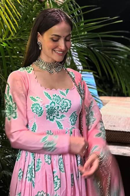 Shop Harshita Singhvi Pink Georgette, Satin, Organza, Bloom Print Gathered Flare Anarkali With Dupatta Online at Aza Fashions Shop_Harshita Singhvi_Pink Georgette, Satin, Organza, Bloom Print Gathered Flare Anarkali With Dupatta_Online_at_Aza_Fashions