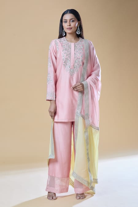 Shop_Samyukta Singhania_Pink Chanderi, Viscose Sequins, Beads, Zari, Embroidery Round And Kurta Pant Set 