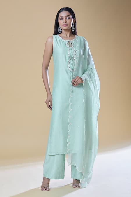Shop_Samyukta Singhania_Green Chanderi, Viscose Pearls, Stones Round Neck Embroidered Kurta Pant Set 