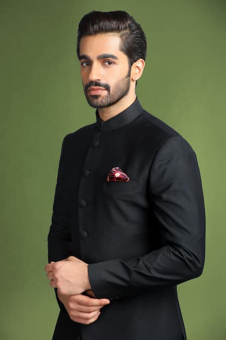 Char Chaand Black Full Sleeve Plain Bandhgala Online at Aza Fashions Char Chaand_Black Full Sleeve Plain Bandhgala _Online_at_Aza_Fashions