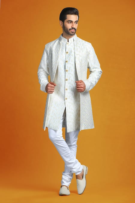 Char Chaand Ivory Cotton Embroidery Thread Floral Bundi With Kurta 