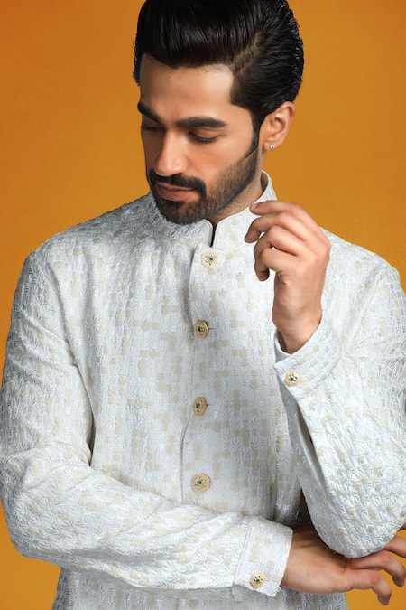 Char Chaand Ivory Cotton Embroidery Floral Bundi And Kurta Set at Aza Fashions Char Chaand_Ivory Cotton Embroidery Floral Bundi And Kurta Set _at_Aza_Fashions