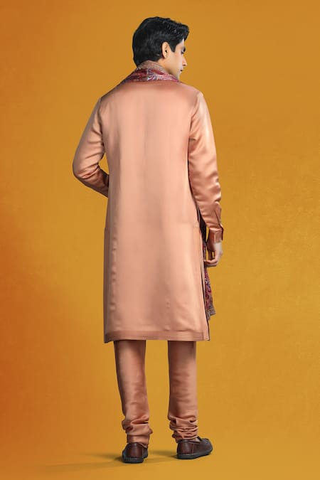 Shop Char Chaand Beige Linen, Satin Zari, Embroidery Collar Kurta Set at Aza Fashions Shop_Char Chaand_Beige Linen, Satin Zari, Embroidery Collar Kurta Set _at_Aza_Fashions