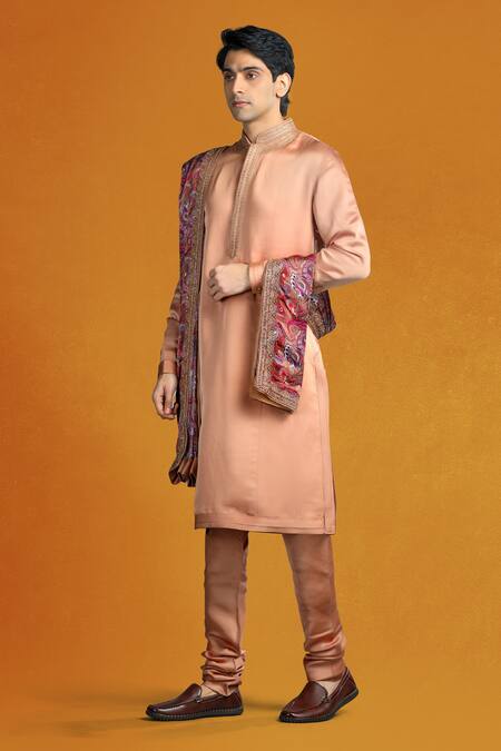 Char Chaand Beige Linen, Satin Zari, Embroidery Collar Kurta Set Online at Aza Fashions Char Chaand_Beige Linen, Satin Zari, Embroidery Collar Kurta Set _Online_at_Aza_Fashions