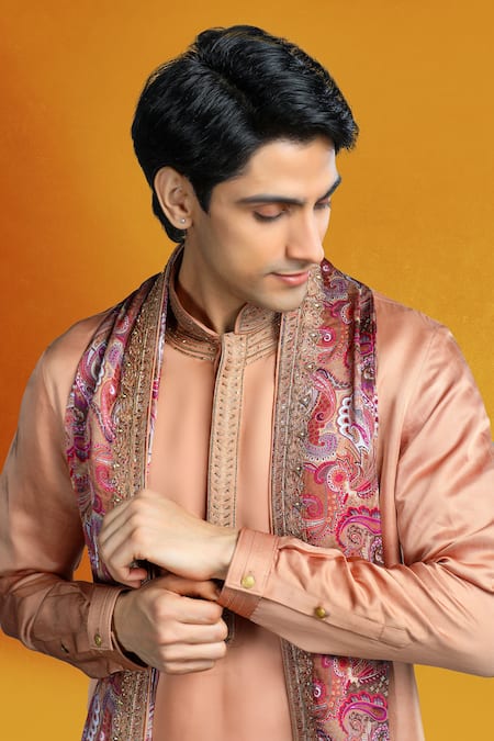 Shop Char Chaand Beige Linen, Satin Zari, Embroidery Collar Kurta Set Online at Aza Fashions Shop_Char Chaand_Beige Linen, Satin Zari, Embroidery Collar Kurta Set _Online_at_Aza_Fashions