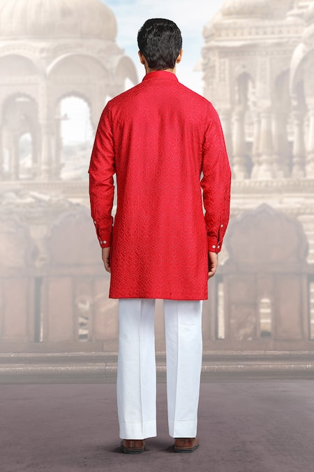 Shop Char Chaand Red Silk Embroidery Geometric Kurta at Aza Fashions Shop_Char Chaand_Red Silk Embroidery Geometric Kurta _at_Aza_Fashions