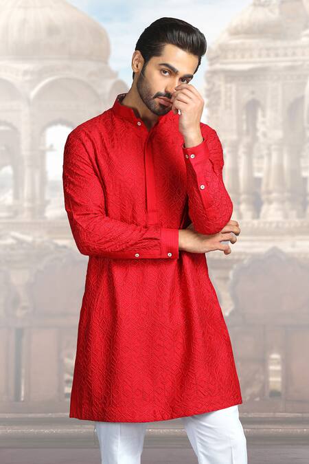 Buy Char Chaand Red Silk Embroidery Geometric Kurta Online at Aza Fashions Buy_Char Chaand_Red Silk Embroidery Geometric Kurta _Online_at_Aza_Fashions